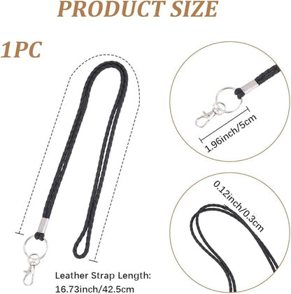 32.68 Inch PU Braided Leather Lanyard Strap Keychain Handmade Strong Office Long Neck Strap with Metal Clasp Wristlet Bracelet Necklace Badge Keychain Cord for ID Card Holder Keys (Black)