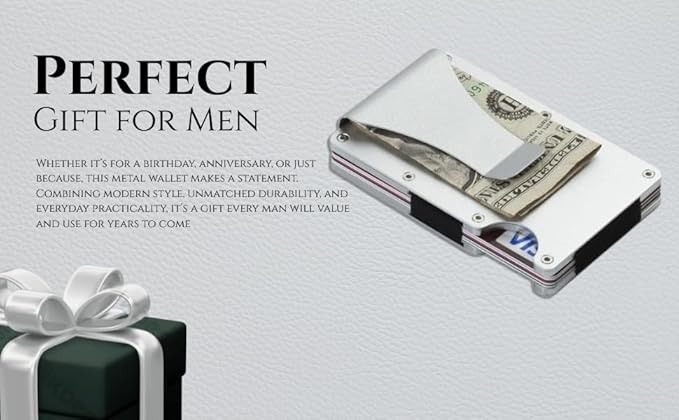 Leatherboss Wallet for Men RFID Blocking Minimalist Metal Card Holder with Money Clip Holds Credit Cards and Cash (Silver)