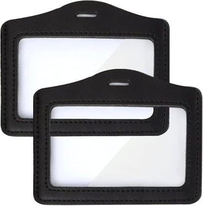 Larpur Pack of 2 ID Badge Holders, Horizontal Leather Card Case with Clear ID Window, Black - Double Sided Clear, Work Badge Holder for Office, Hospital, Exhibition, School