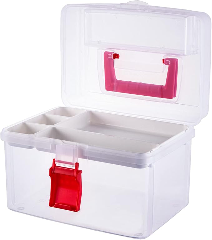MyGift 10 Inch Premium Clear First Aid Bin with Detachable Tray and Quick Access Top Lid Flap, Portable Emergency Kit, Medical Supply Travel Tote, Medicine Storage Box Container (Red)