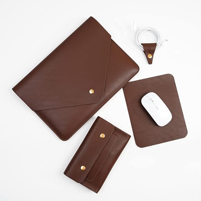 Laptop Sleeve 15 Inch Compatible with New MacBook Pro 15, New MacBook Pro 16, Surface Book 15, Dell XPS 15 with Small Pouch, Mouse Pad and Cord Organizer, Color Dark Brown
