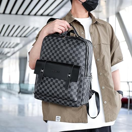 Retro men's business plaid backpack can hold a 15.6-inch laptop, women's stylish travel waterproof leather backpack. (brown check-16.1inch)