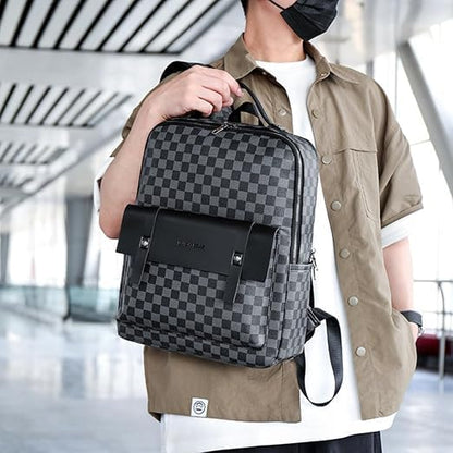 Retro men's business plaid backpack can hold a 15.6-inch laptop, women's stylish travel waterproof leather backpack. (brown cicle-16.1inch)