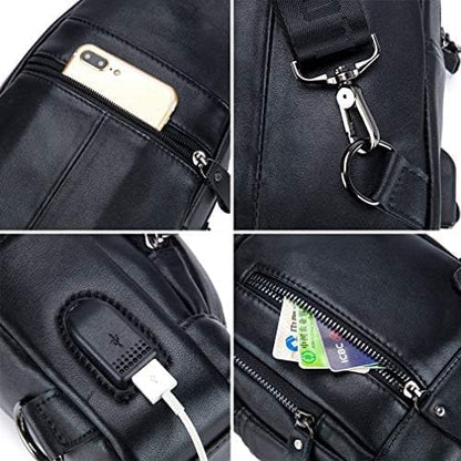 Hebetag Leather Sling Bag Casual Daypack for Men Women Outdoor Travel Hiking Camping Fishing Cycling Crossbody Shoulder Chest Pack Pouch Backpack Black