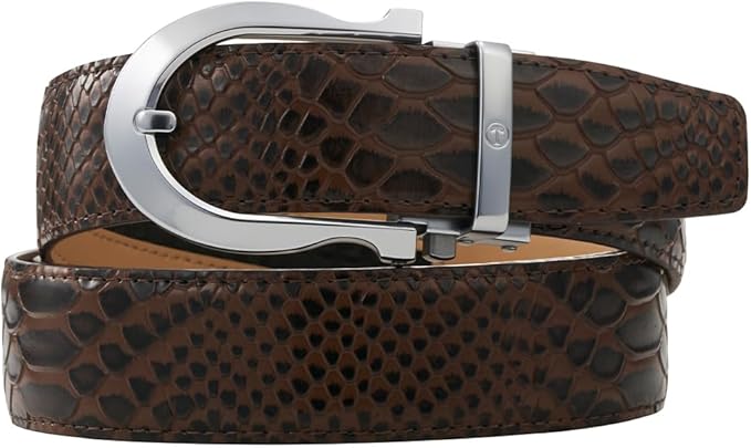 Tonywell Men's Ratchets Belt, Crocodile Embossed Texture, 1-3/8 Wide, Alligator Brown