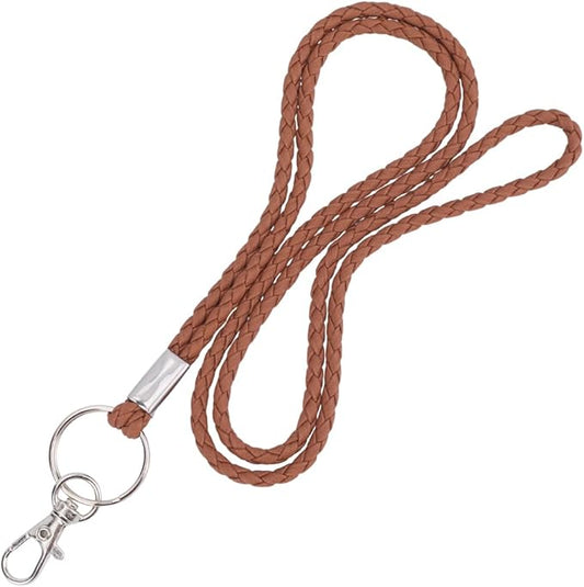 PU Leather Braided Lanyard Strap for ID Badge with Metal Clip 32.68 Inch Handmade Necklace Lanyards Office Neck Long Strap Wristlet Bracelet Keychain Cord for Card Holder Keys(Coconut Brown)