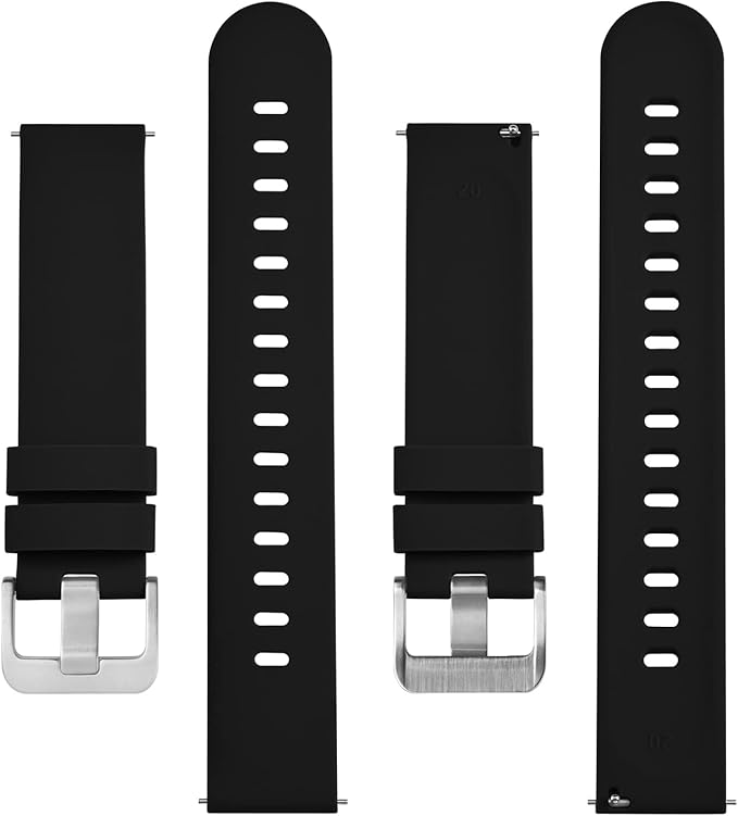 BISONSTRAP Silicone Watch Bands, Slim Watch Straps with Quick Release, 20mm, Black with Silver Buckle