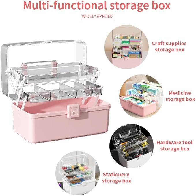 12.9in Three-Layer Multipurpose Storage Box with Handle Portable Tackle Box Folding Art & Craft Case Sewing Supplies Organizer for Makeup, Medicine, Nail, Hair Accessories(Blue)