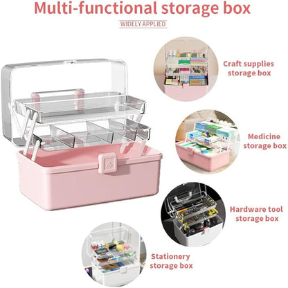12.9in Three-Layer Multipurpose Storage Box with Handle Portable Tackle Box Folding Art & Craft Case Sewing Supplies Organizer for Makeup, Medicine, Nail, Hair Accessories (Haze Green)