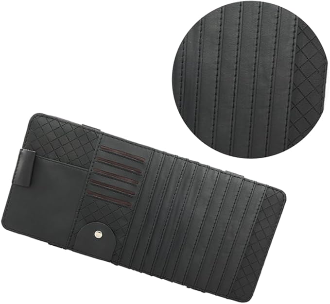 GLEAVI Multi-Functional Sun Visor Leather Organizer Bag for Car Premium Storage for Pens and Cards Stylish Vehicle Accessory Black