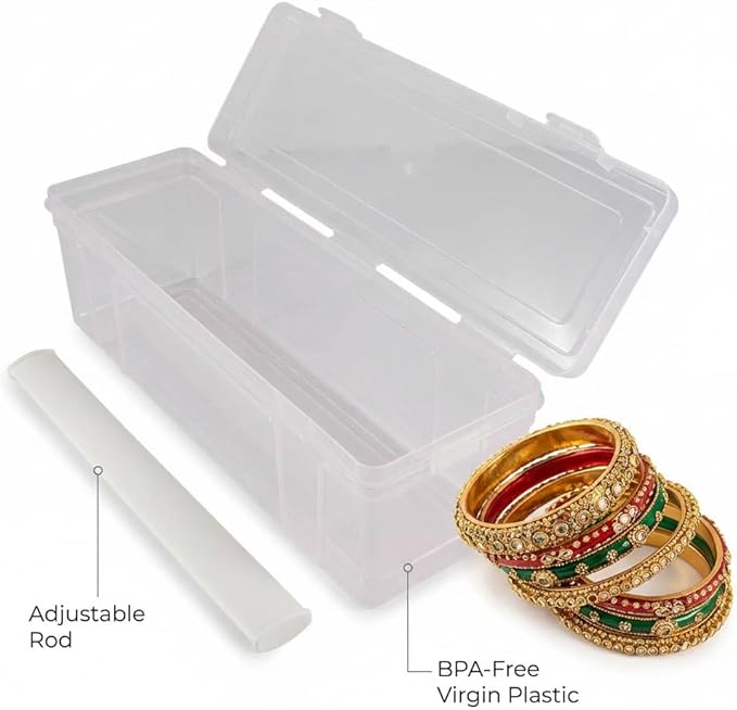 Multipurpose Plastic Storage Box with 1 Adjustable Rods l Storing Box For Bangles, Chuda, Kada, Watches, Scrunchies I (Transparent_1-Rod)