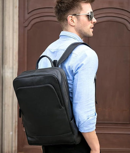 Genuine Leather Backpack for Men Travel Laptop Bag Casual Daypack Business Briefcase Durable Work Bag Gift Box (Black)