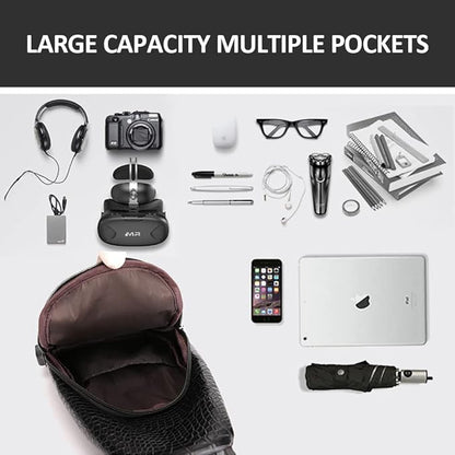 Peicees Leather Sling Bag Mens Crossbody Bag Chest Bag Sling Backpack for Men with USB Charge Port