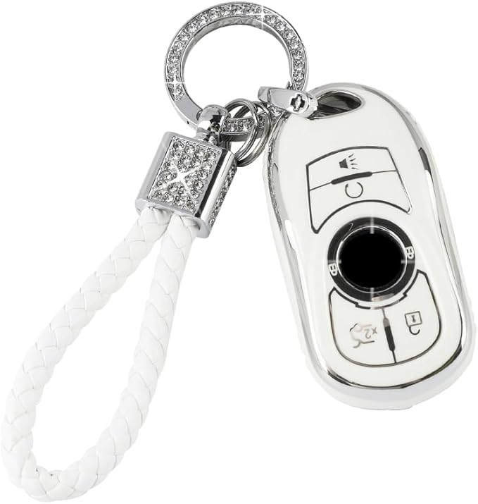 PIFOOG White Key Fob Cover for Buick 6 Buttons Car Keys Shell Case Protector Soft TPU Bling Keychain for Buick Enclave Encore LaCrosse Regal Envision Accessories Girly Women