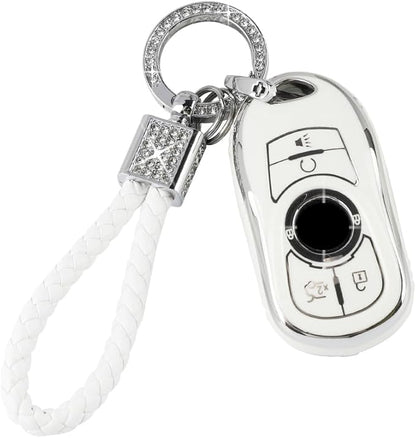 PIFOOG White Key Fob Cover for Buick 6 Buttons Car Keys Shell Case Protector Soft TPU Bling Keychain for Buick Enclave Encore LaCrosse Regal Envision Accessories Girly Women