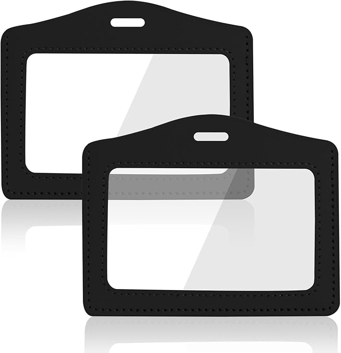 2 Pcs Genuine Leather ID Badge Holder Horizontal Double-Side Clear Card Holder Waterproof Name Badge Holder for Office, Staff, Students, Employees(Black&Black)