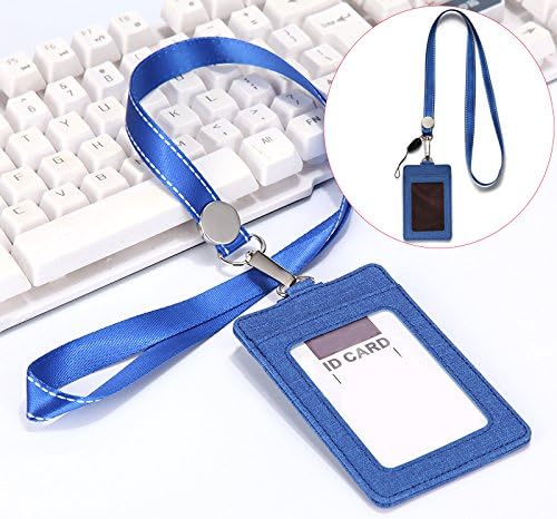 AMUU 1 Pack Lanyard with PU Leather Vertical ID Badge Holder and Retractable Badge Reel,Neck Blue Lanyards for id Card Holders Straps Keys Kids Women Men Cruise