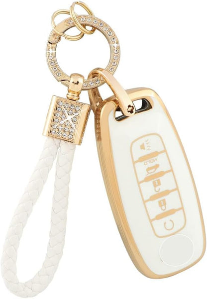 PIFOOG for Rogue Key Fob Cover 5 Buttons 2023 Pathfinder SL Platinum Car Key Case Shell Bling Keychain Lanyard Protector Protection Accessories Women Girly Cute White Gold TPU