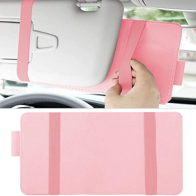 Car Sun Visor Organizer, 1 Pack Sunglasses Holder for Car Sun Visor, Auto Interior Accessories Pocket Organizers Can Store Sunglasses, Documents, Cards, Pen, Drivers License (Pink)