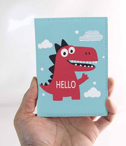 Cartoon Dinosaur Passport Holder for Travel Hello Red Lovely Dino PU Leather Passport Cover Wallet Cute Passport Card Holder for Women and Men