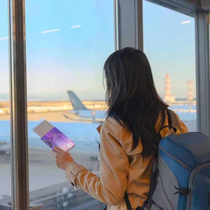 Violet Flowers Passport Holder for Travel Purple Floral Wisteria In Blossom PU Leather Passport Cover Wallet Cute Passport Card Holder for Women and Men
