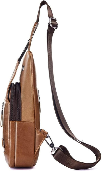 Hebetag Leather Sling Bag Hiking Daypack for Men Women Outdoor Travel Camping Fishing Crossbody Shoulder Chest Pack Daypack Small Brown