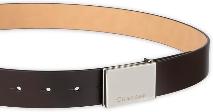 Calvin Klein Men's Plaque Buckle Belt - Casual Modern Style With Logo Detail for Jeans and Dress Pants