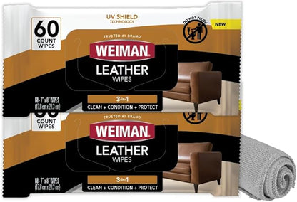 Weiman Leather Cleaner and Conditioner Wipes & Microfiber Towel Kit, Clean, Condition and Restores Leather Surfaces, UV Shield Prevent Cracking & Fading of Leather Furniture, Car Seats, Shoes & Purse