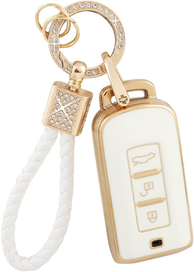 PIFOOG Key Fob Cover for Mitsubishi Accessories Outlander Lancer Mirage Car Keys Shell Case Protector Full Covers Bling Keychain Girly Women White Gold Soft TPU