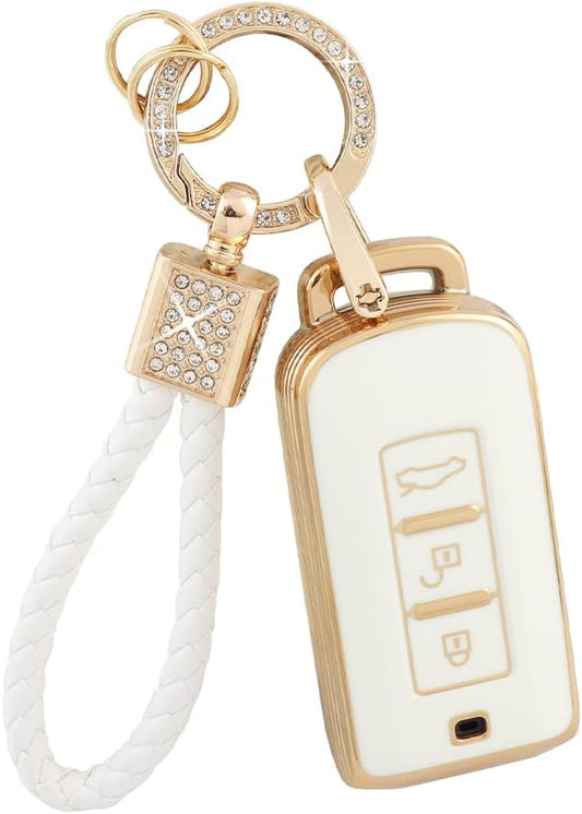 PIFOOG Key Fob Cover for Mitsubishi Accessories Outlander Lancer Mirage Car Keys Shell Case Protector Full Covers Bling Keychain Girly Women White Gold Soft TPU