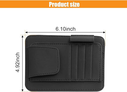 Leather Car Sun Visor Organizer Clip, Universal Car Truck Visor Document Holder with Sunglasses Clip, Auto Visor Pocket Storage for Bill Card Registration/Driving License Pen (Black)