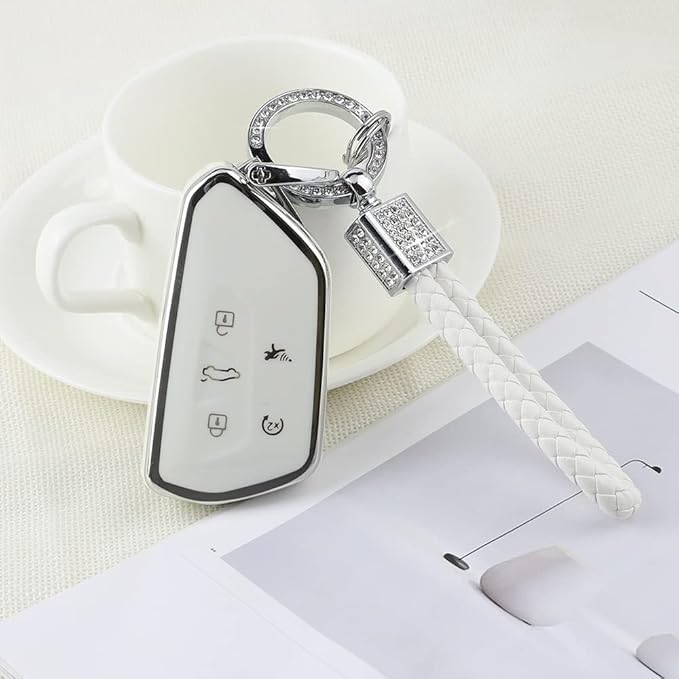 PIFOOG Key Fob Cover for VW Volkswagen ID4 Golf GTI R 2022 2023 Accessories TPU 5 Buttons Car Keys Case Shell Protector Bling Keychain Girly Women White Silver
