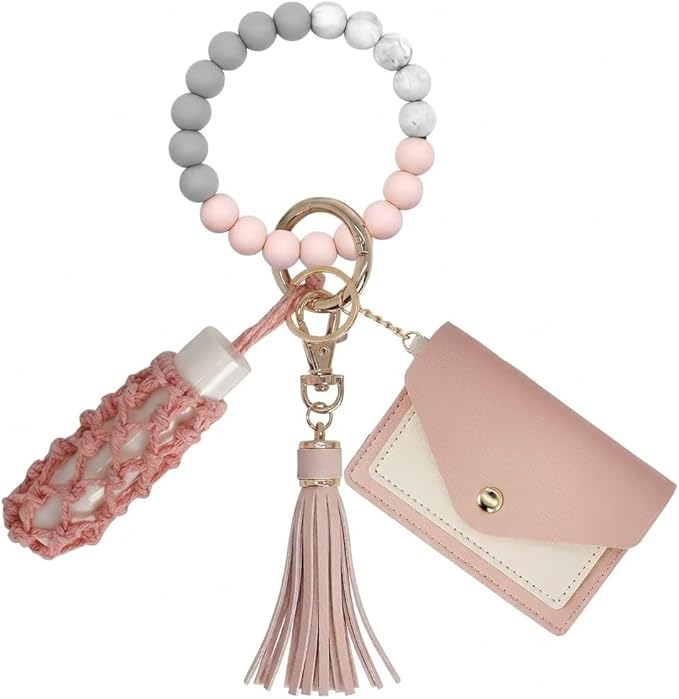 BIHRTC Silicone Key Ring Bracelets Wristlet Keychain Wallet with Net Chapstick Holder for Women