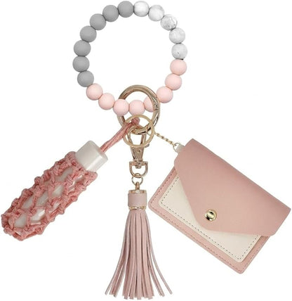 BIHRTC Silicone Key Ring Bracelets Wristlet Keychain Wallet with Net Chapstick Holder for Women