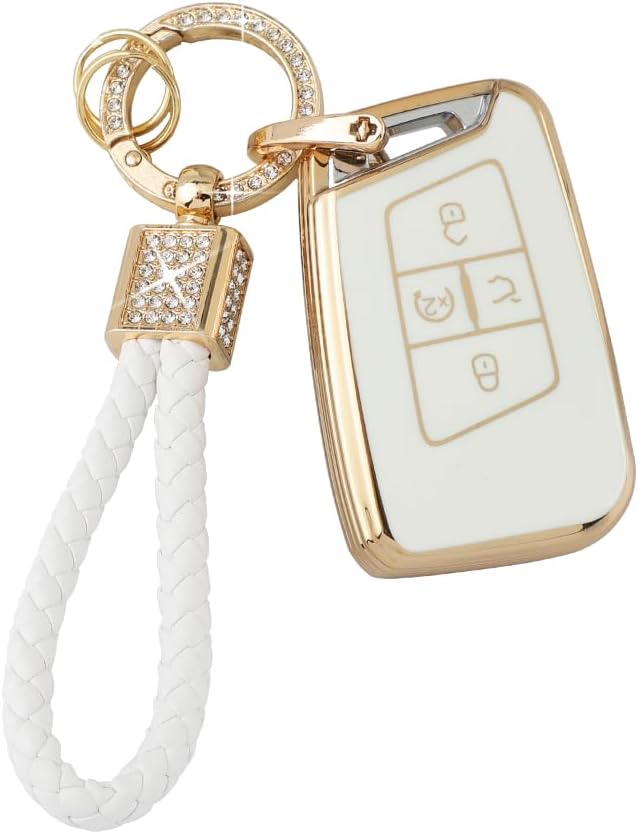 PIFOOG Key Fob Cover for VW Volkswagen White Gold Bling Keychain Tiguan Atlas Jetta Taos Arteon Car Accessories Cute TPU Smart Keys Case Shell Protector Crystal Girly Women