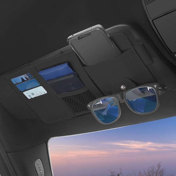 1 Pack Car Sun Visor Organizer, Sunglasses Holder for Car Sun Visor, Auto Interior Accessories Pocket Organizers Can Store for Sunglasses, Documents, Cards, Pen, Drivers License (Black)