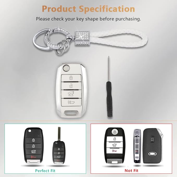 PIFOOG for Kia Key Fob Cover TPU White Silver 4 Buttons Keys Case Shell Protector Bling Keychain for Kia Sorento Optima Soul Sportage Niro Forte Rio Accessories Girly Women Men