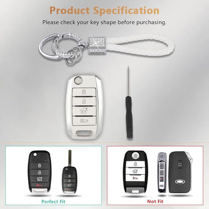 PIFOOG for Kia Key Fob Cover TPU White Silver 4 Buttons Keys Case Shell Protector Bling Keychain for Kia Sorento Optima Soul Sportage Niro Forte Rio Accessories Girly Women Men
