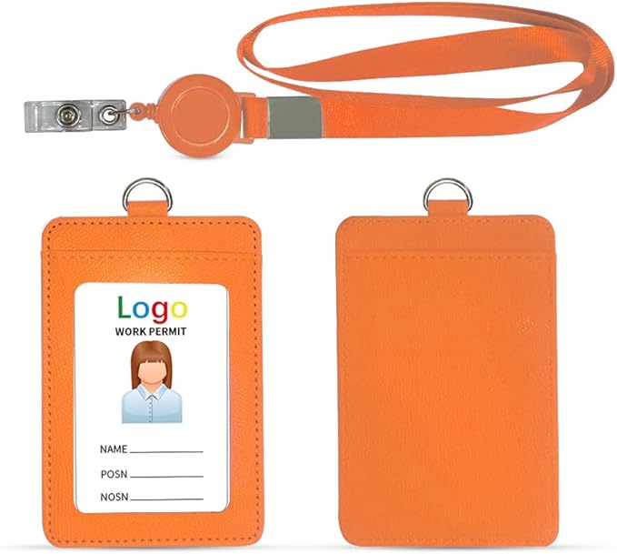 HYCOPROT ID Badge Holder with Lanyard Heavy Duty Retractable PU Leather Vertical Horizontal ID Card Holders with 1 Clear ID Window & 1 Credit Card Slot for Office (Vertical, Orange)