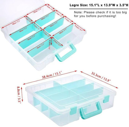 BTSKY Clear Plastic Dividing Storage Box with 8 Compartments Adjustable Storage Bin with Lid Portable Craft Storage Container Multipurpose Sewing Box Art Supply Organizer, 15.1x13.9x3.5 Inches