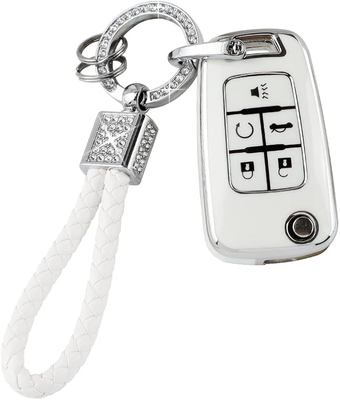PIFOOG Key Fob Cover for Chevy 5 Button Keys Case Shell Protector TPU Soft Bling Car Keychain Accessories Fit for Equinox Cruze Malibu Camaro Sonic Trax Cute Girly Women White Silver