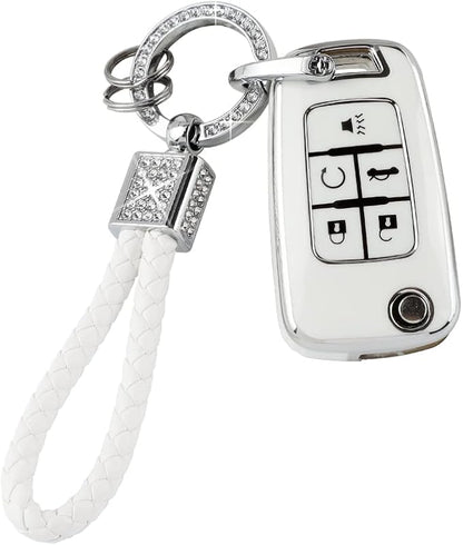 PIFOOG Key Fob Cover for Chevy 5 Button Keys Case Shell Protector TPU Soft Bling Car Keychain Accessories Fit for Equinox Cruze Malibu Camaro Sonic Trax Cute Girly Women White Silver