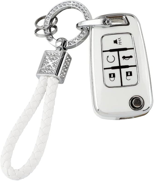 PIFOOG Key Fob Cover for Chevy 5 Button Keys Case Shell Protector TPU Soft Bling Car Keychain Accessories Fit for Equinox Cruze Malibu Camaro Sonic Trax Cute Girly Women White Silver