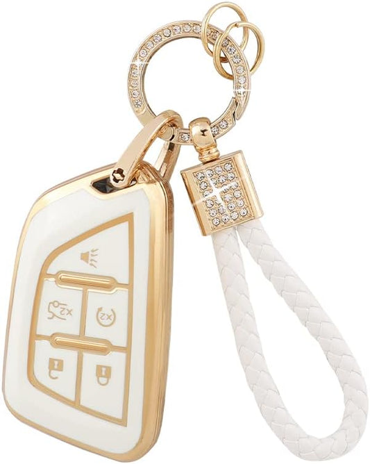 PIFOOG for Cadillac Key Fob Cover CT5 CT4 CT4-V Accessories 5 Buttons Soft TPU Car Smart Keys Shell Case Protector Full Covers Bling Keychain Lanyard Girly Women Cute White Gold