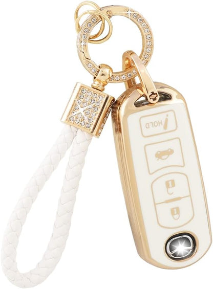 PIFOOG for Mazda Key Fob Cover 6 3 CX5 CX9 CX-3 MX5 Mitia Accessories Girly Women Soft TPU Car Keys Shell Case 4 Buttons Full Covers Protection Glitter Keychain White Gold Cute