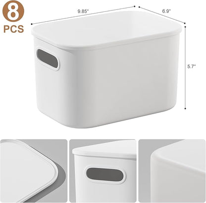 ORGIDOL 8 Pack White Storage Bins with Lids Stackable Storage Container for Organizing, Storage Boxes with Handle for Shelves, Cute Storage Bin for Craft, Snacks, 9.85x6.9x5.7 inch