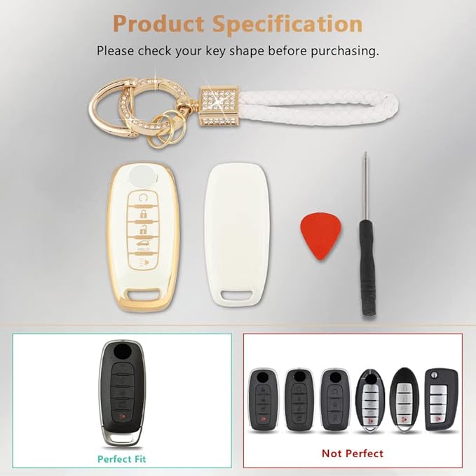 PIFOOG for Rogue Key Fob Cover 5 Buttons 2023 Pathfinder SL Platinum Car Key Case Shell Bling Keychain Lanyard Protector Protection Accessories Women Girly Cute White Gold TPU