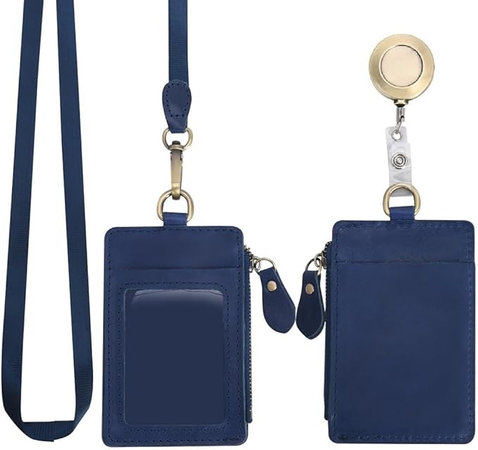 Wonderpool Leather ID Badge Holder with Zipper Wallet Pouch - Card Slots Case Detachable Neck Lanyard and Retractable Badge Reel for Office School Hospital Exhibition ID (Blue)