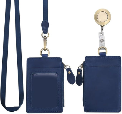 Wonderpool Leather ID Badge Holder with Zipper Wallet Pouch - Card Slots Case Detachable Neck Lanyard and Retractable Badge Reel for Office School Hospital Exhibition ID (Blue)
