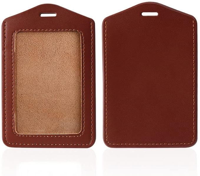 Larpur Pack of 2 Genuine Leather Badge Holders, Vertical ID Card Holders with 1 Clear ID Window for Work, School, Office